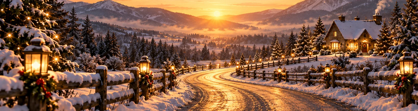 A warmly illuminated winding road in a snowy winter landscape